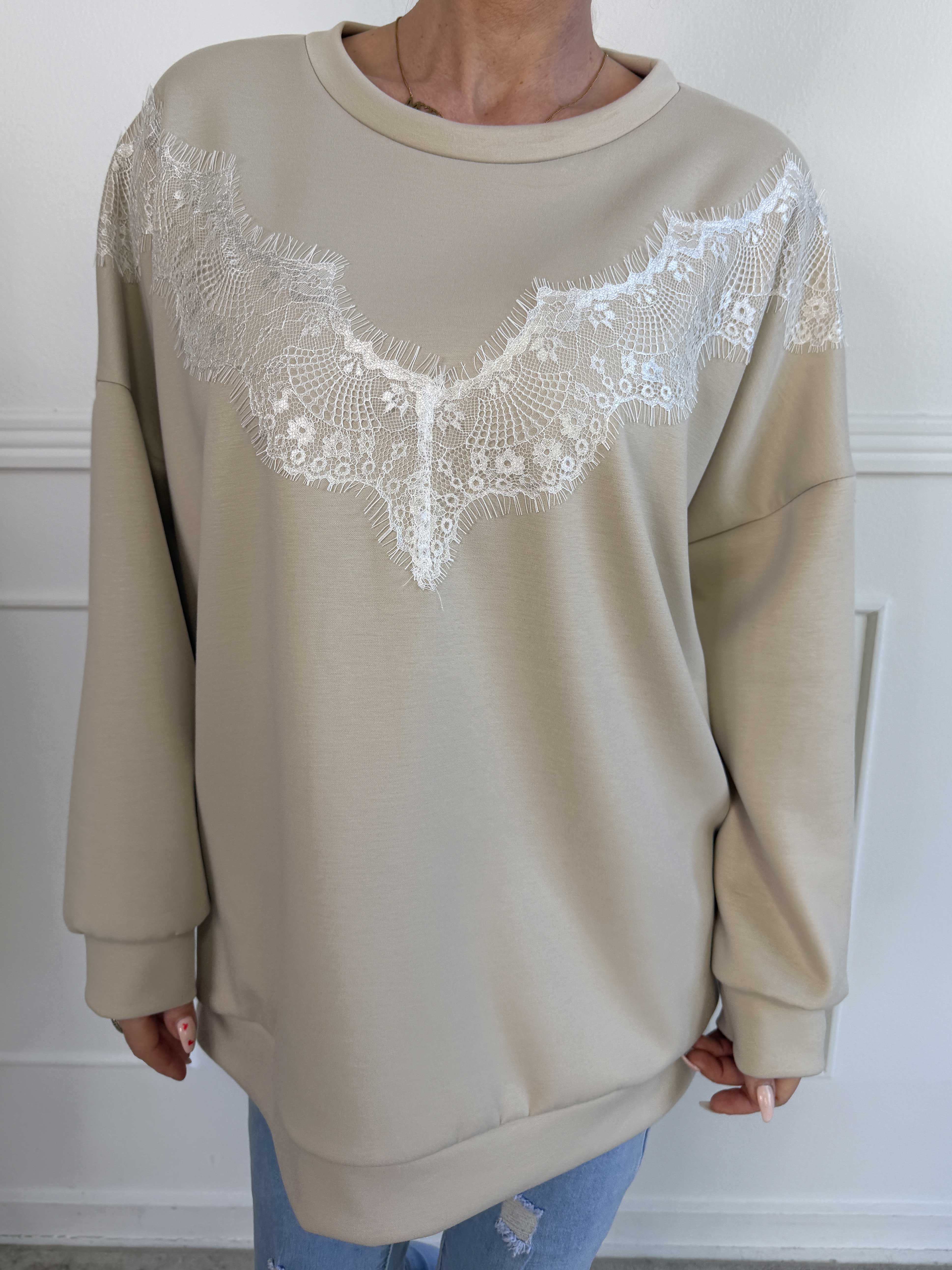 Abbelone - Joggingbluse i viskose med blonde henover brystet